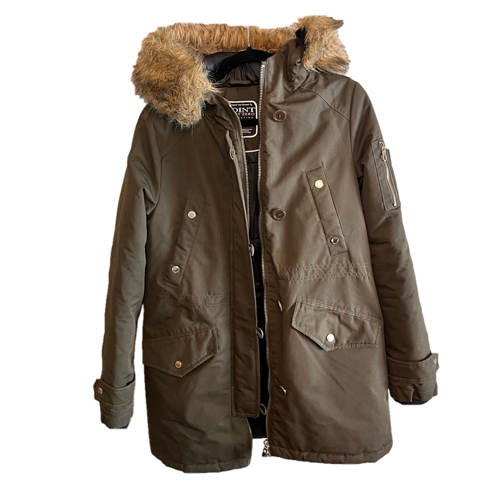 Point Zero Women’s Fur Hood Knee Length Parka Small